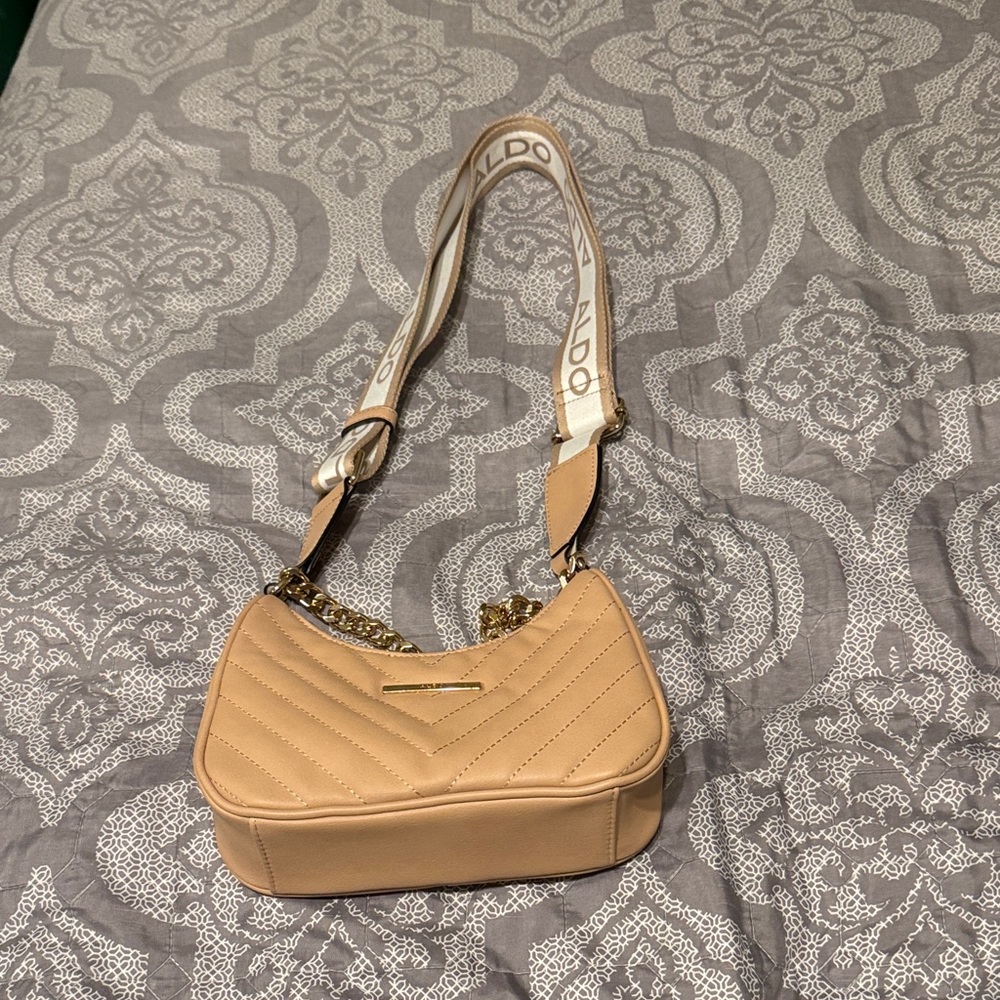 ALDO Tan Quilted Shoulder Bag with Branded Strap